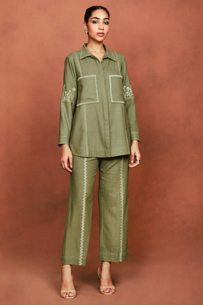 Olive green thread embroidered co-ord set