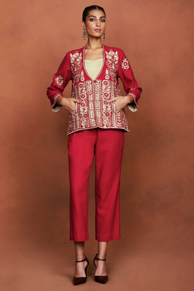 Deep red floral embroidery co-ord set