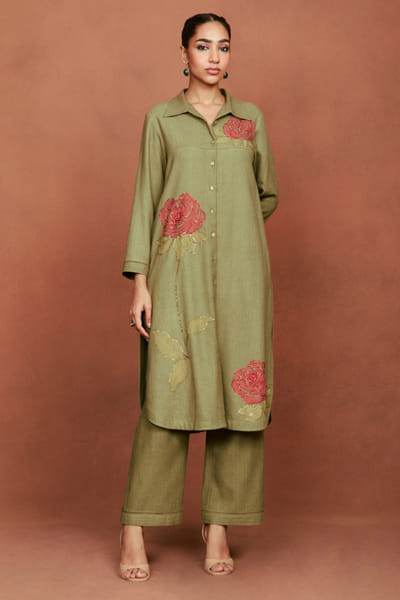 Olive green rose thread embroidered tunic set