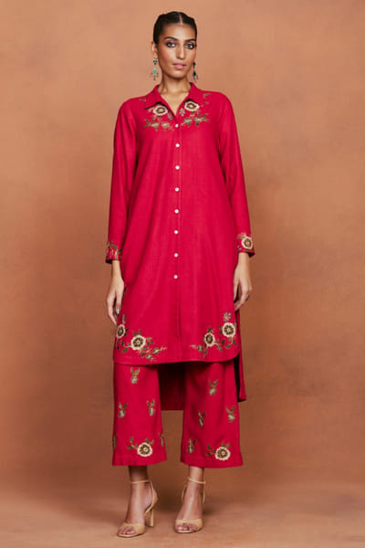 Deep red floral embroidered tunic set