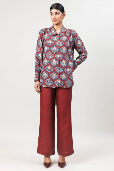 Sue Mue Dark maroon floral printed linen co-ord set SUEMAPR26D143085
