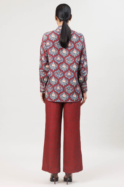 Sue Mue Dark maroon floral printed linen co-ord set SUEMAPR26D143085