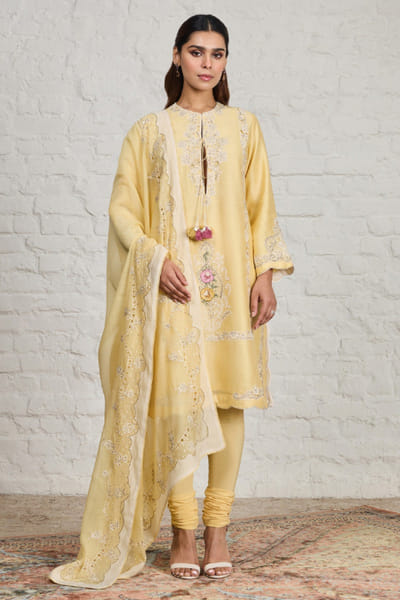 Sue Mue Yellow floral sequin embroidered kurta set SUEMJUN26D148048