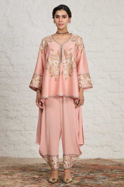 Sue Mue Peach pink floral sequin embroidery kurta set SUEMJUN26D148052
