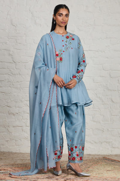 Sue Mue Powder blue 3D floral embroidered anarkali set SUEMJUN26D148058