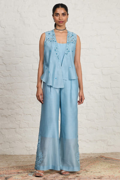 Sue Mue Powder blue 3D floral embroidered jumpsuit set SUEMJUN26D148063