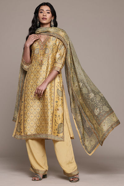 Lemon yellow floral printed kurta set