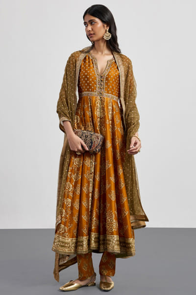 Ri Ritu Kumar Mustard floral print embroidered anarkali set RIRIAUG26D251835