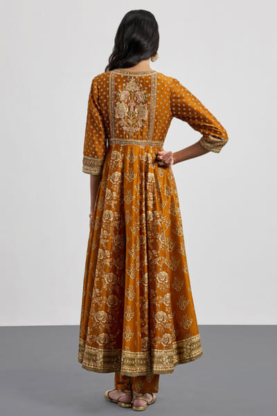 Ri Ritu Kumar Mustard floral print embroidered anarkali set RIRIAUG26D251835