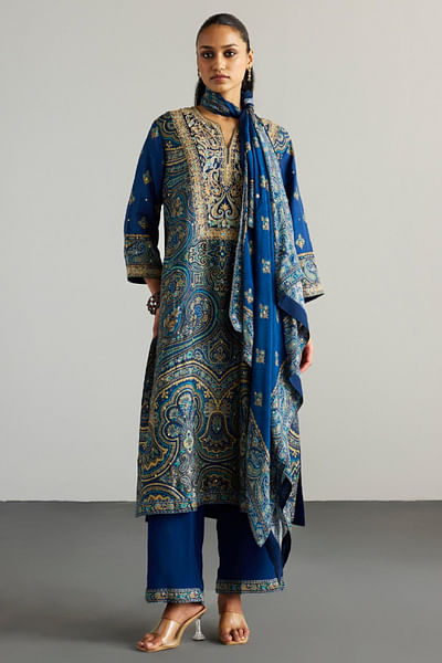 Blue brocade jamawar kurta set