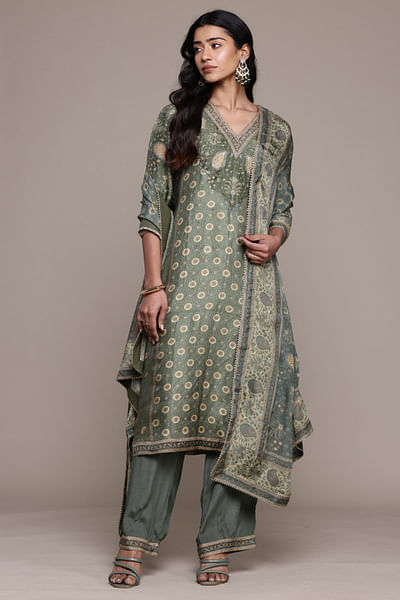 Khaki floral printed kurta set