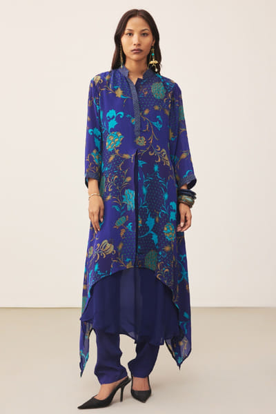 Ritu Kumar Blue floral print asymmetric kurta set RITUJUN26D347332