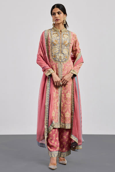 Ri Ritu Kumar Pink-grey printed embroidered kurta set RIRIAUG26D251849