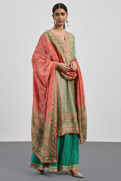 Ri Ritu Kumar Aqua and pink geometric print kurta set RIRIAUG26D151794