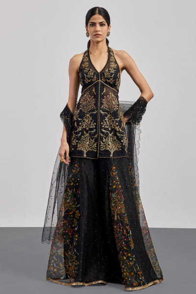 Ri Ritu Kumar Black bird-tree print embroidered sharara set RIRIAUG26D151781