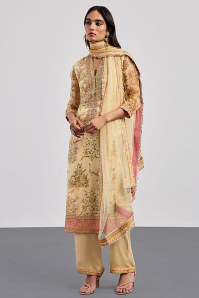 Ri Ritu Kumar Beige printed and embroidered kurta set RIRIAUG26D151782