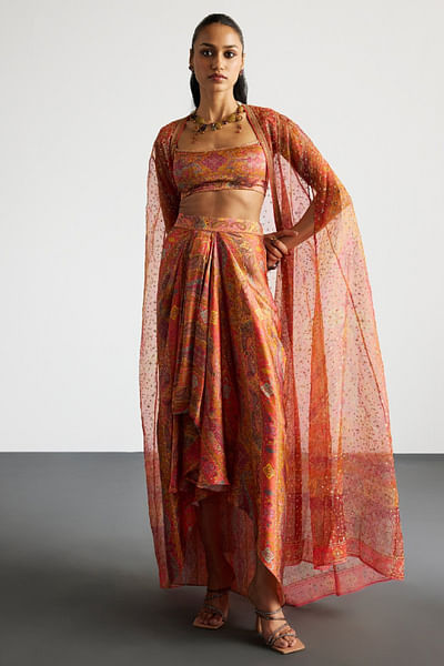 Pink printed draped skirt set