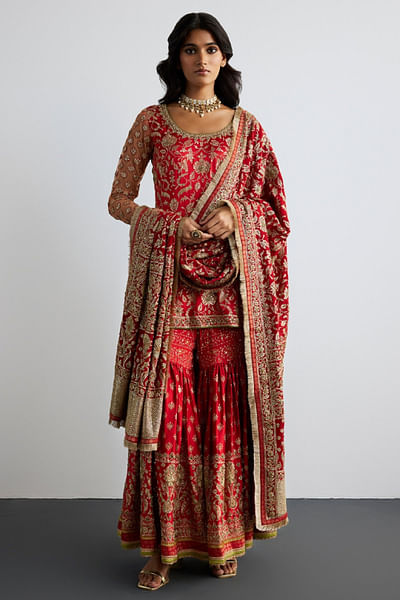 Red embroidered gharara set