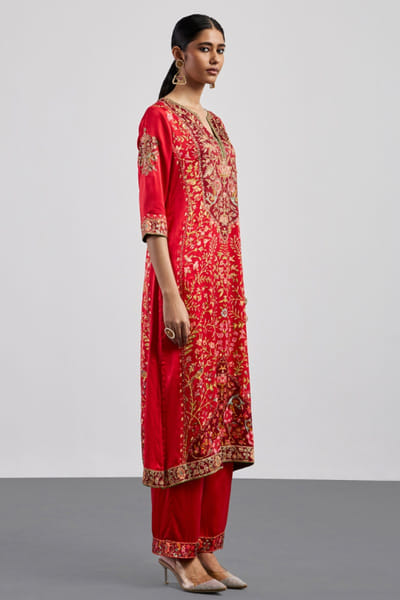 Ri Ritu Kumar Red burgundy printed embroidered kurta set RIRIAUG26D151778