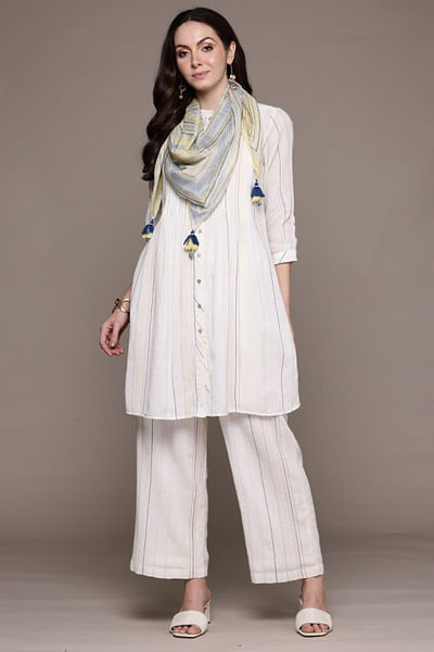 Beige stripe printed kurta set