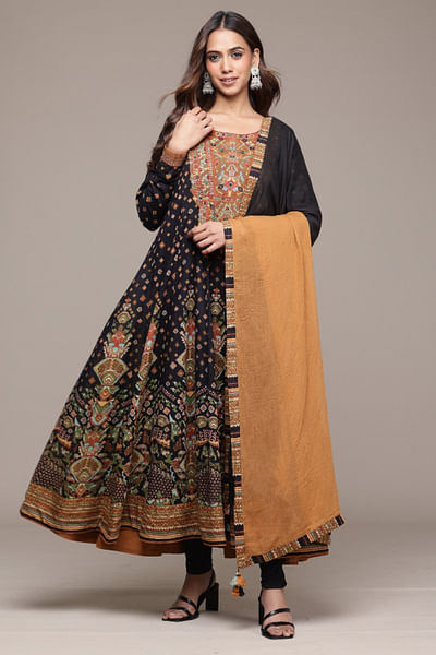 Black aztec printed anarkali set