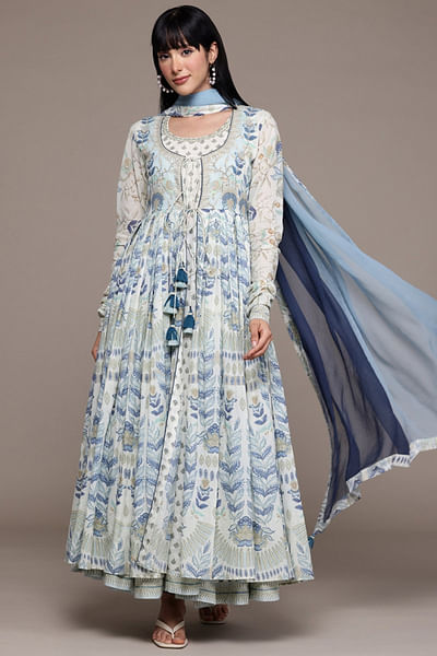Off-white floral printed jacket anarkali set