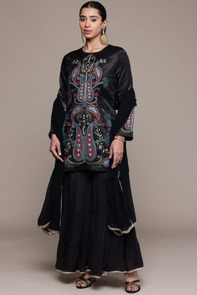 Black paisley embroidered kurta sharara set