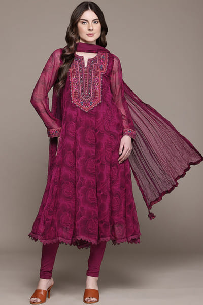 Fuchsia floral print embroidered kurta set