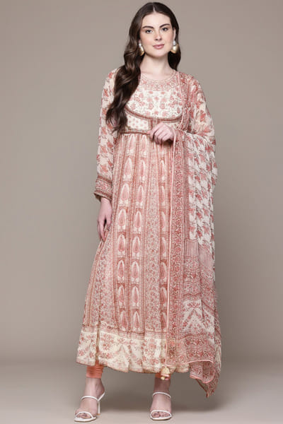 Pink floral print embroidered anarkali set