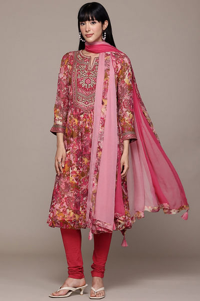 Pink floral printed kurta set