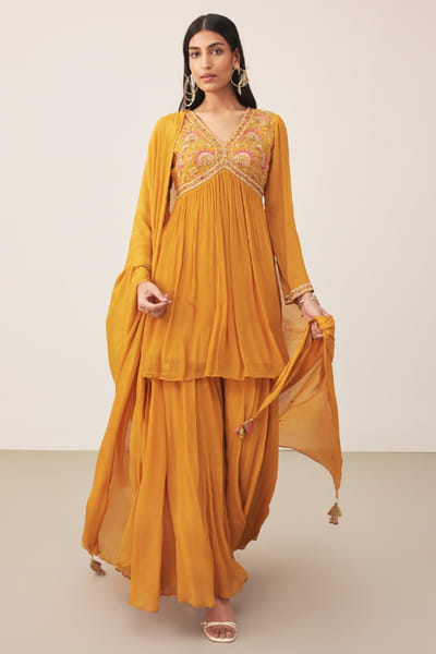 Ritu Kumar Mustard floral embroidered sharara set RITUJUN26D347303