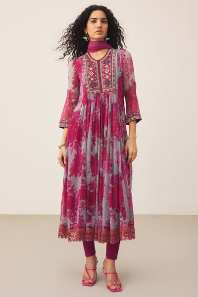 Ritu Kumar Purple floral print embroidered kurta set RITUJUN26D347304