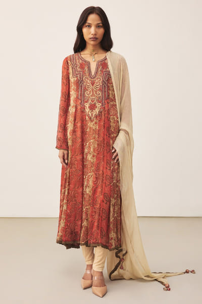 Ritu Kumar Rust and beige art-deco print kurta set RITUJUN26D347315