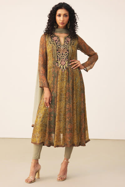 Ritu Kumar Yellow art-deco print embroidered kurta set RITUJUN26D347314