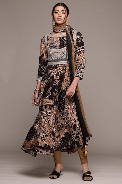 Black paisley printed anarkali set