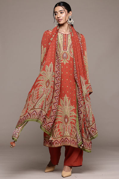 Rust leaf printed kurta set