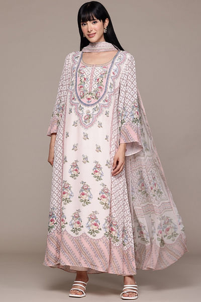 Pink floral printed A-line kurta set