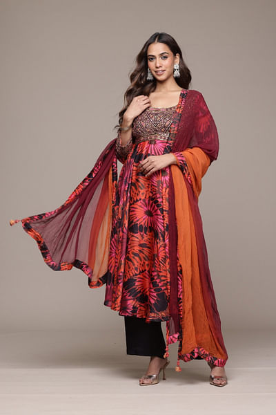 Maroon abstract printed anarkali set