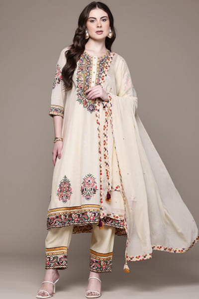 Ecru floral embroidered anarkali set