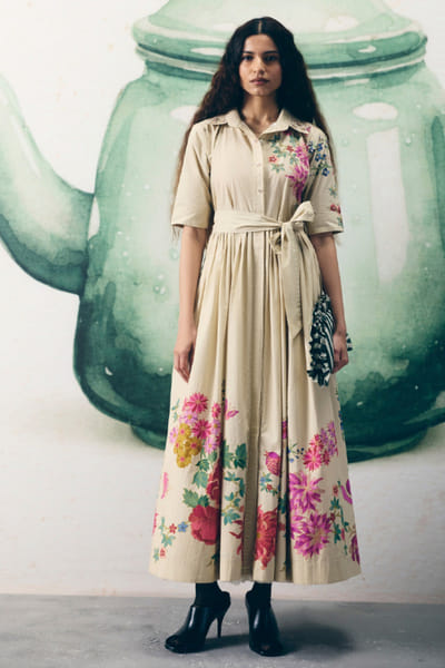 Ivory poplin printed belted dress