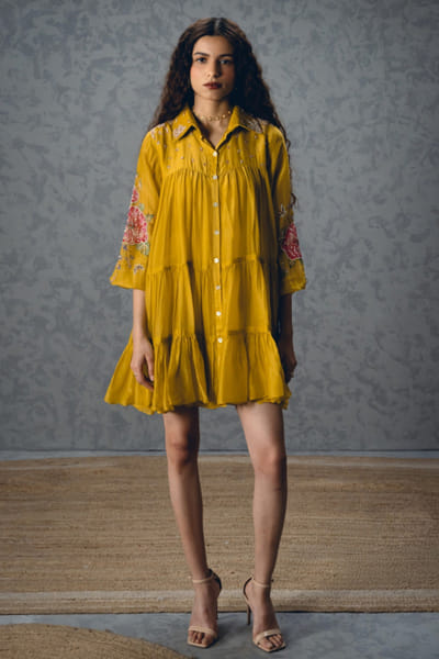 Paulmi & Harsh Mustard yellow printed silk organza dress PAULAPR26D142621
