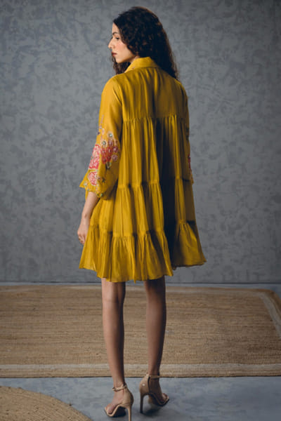 Paulmi & Harsh Mustard yellow printed silk organza dress PAULAPR26D142621