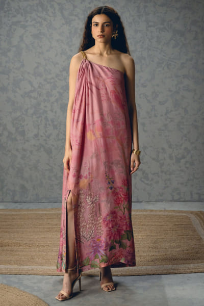Paulmi & Harsh Pink floral printed one-shoulder dress PAULAPR26D243135