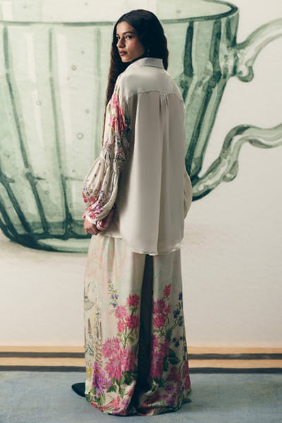 Paulmi & Harsh Ivory satin printed co-ord set PAULMAY26D143973