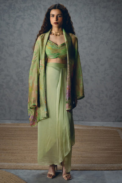 Paulmi & Harsh Green floral print embroidered jacket set PAULMAY26D343708