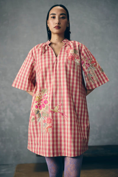 Paulmi & Harsh Pink floral-gingham printed mini dress PAULAPR26D243136