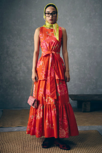 Paulmi & Harsh Rust orange floral printed maxi dress PAULAPR26D243142