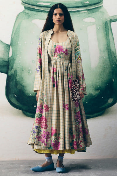 Paulmi & Harsh Ivory print embroidered jacket dress set PAULAPR26D142609
