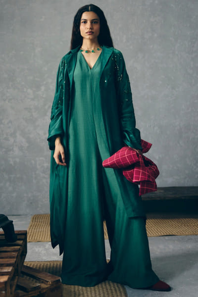 Paulmi & Harsh Green embroidered jacket and jumpsuit set PAULMAY26D343713