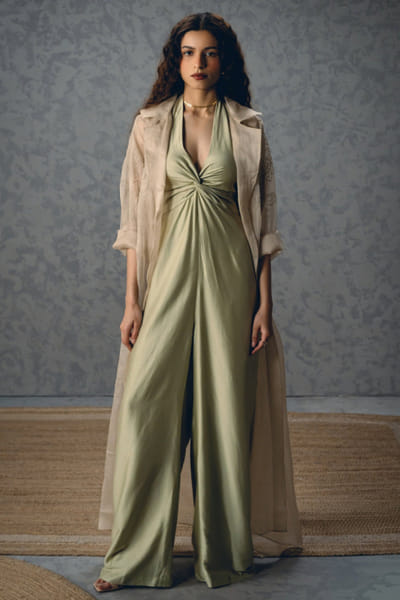 Paulmi & Harsh Mint floral embroidery jacket and jumpsuit set PAULAPR26D243147
